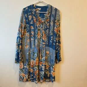 Anthropologie TINY Floral Blue and Orange Babydoll Tunic Dress size Large